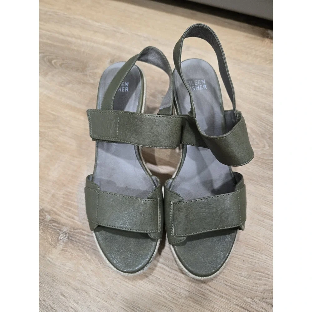 EILEEN FISHER Women's Size 8 Olive Green Leather‎ Espadrille Wedge Sandals